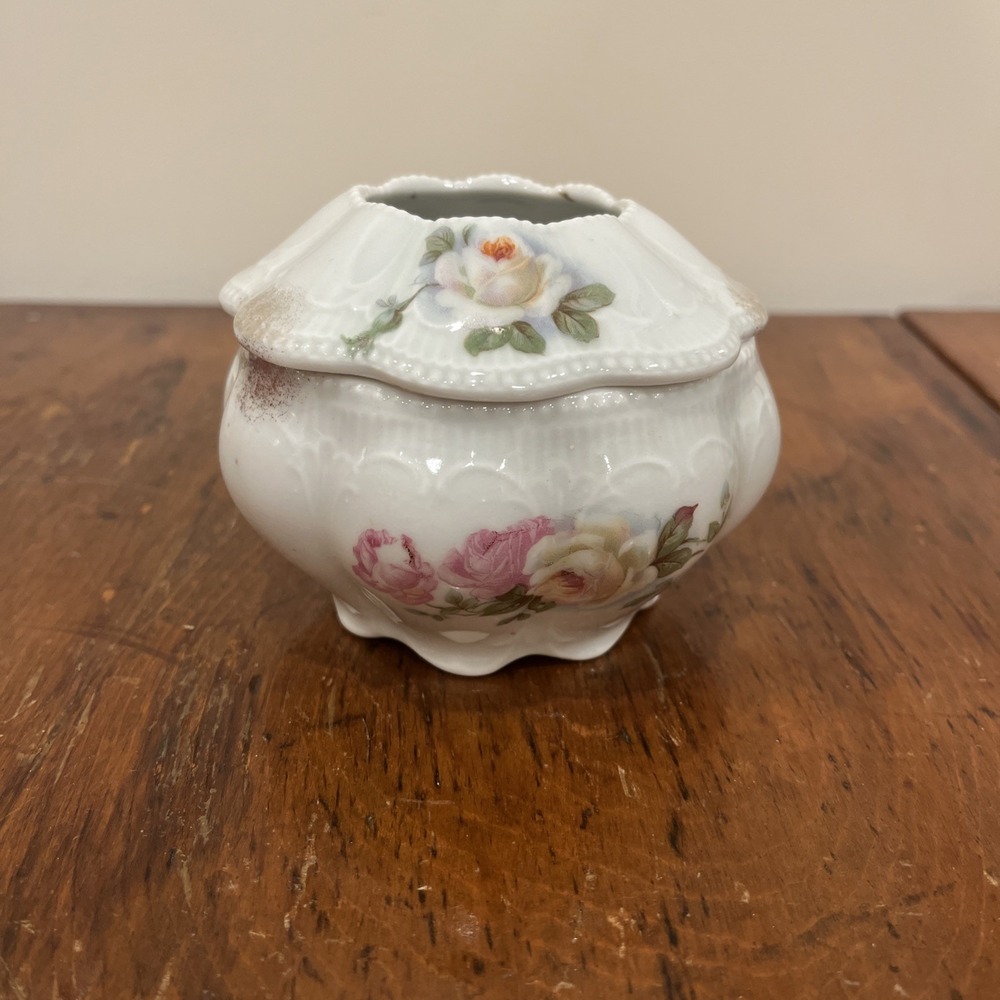 Antique Vtg Hair Receiver Porcelain Hand Painted Roses Pink Floral Austria‎